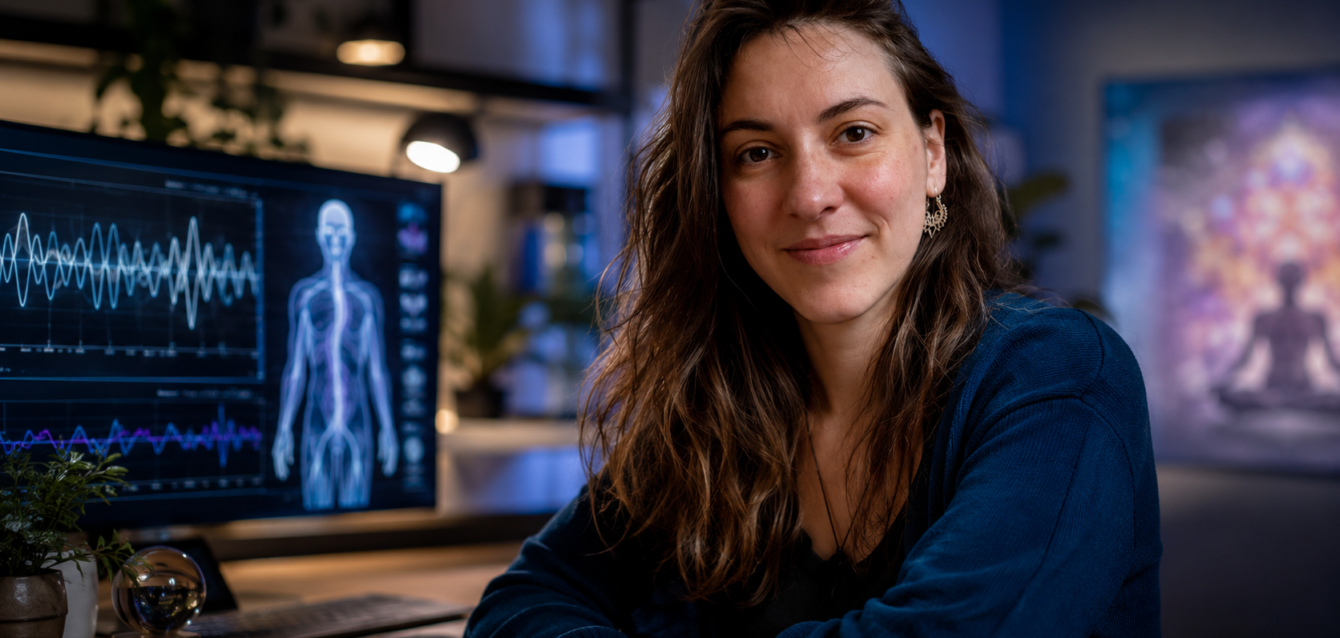 Barbara seated in a modern wellness workspace, with a screen showing nervous system wave patterns and a glowing human body visualization, illustrating the contrast between neuroscience, posturology, and pseudoscience.