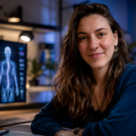 Barbara seated in a modern wellness workspace, with a screen showing nervous system wave patterns and a glowing human body visualization, illustrating the contrast between neuroscience, posturology, and pseudoscience.