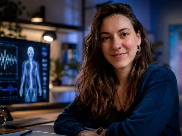 Barbara seated in a modern wellness workspace, with a screen showing nervous system wave patterns and a glowing human body visualization, illustrating the contrast between neuroscience, posturology, and pseudoscience.